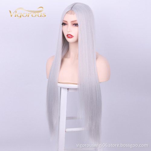 Machine Made Gray Long Straight Soft Silky U Part High Quality Swiss Lace Frontal Afro Cheap Synthetic Wigs